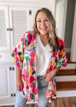 White Birch Short Sleeve Floral Print Cardigan | S-3X