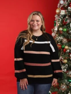 Striped Multicolor Long Balloon Sleeve Round Neck Sweater | S-3X