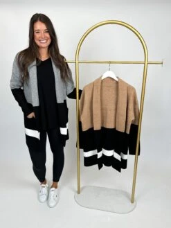 Color Block Open Front Long Sleeve Cardigan W/ Pockets | S-XL