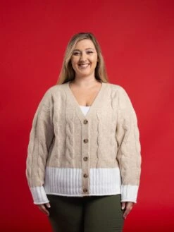 Colorblock Cable Knit V Neck Button Down Cardigan | S/M - 2X/3X