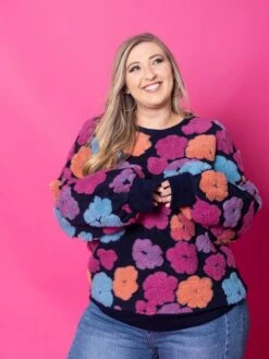 Round Neck Long Sleeve Sherpa Flower Sweater | S-3X