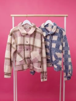 Oversized Button Down Plaid Sherpa Shacket | S-L