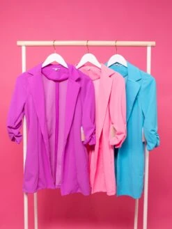 Shirred Quarter Sleeves Solid Open Front Blazer | S-L