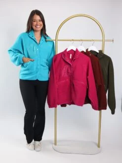 Zenana Snap Button Front Mock Neck Long Sleeve Fleece Jacket | S-XL