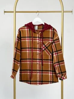 Plaid Button-Down Long Sleeve Shacket W/ Drawstring Hood | S-XL