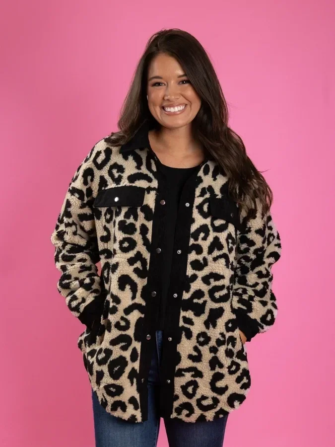 DD Designs Leopard Sherpa Shacket With Contrast Trim | S-3XL 4 DD Designs Leopard Sherpa Shacket With Contrast Trim | S-3XL - Image 2